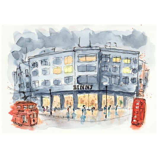 Watercolour painting of the Binns store and tram in Sunderland city centre, night scene by Stephen Darling