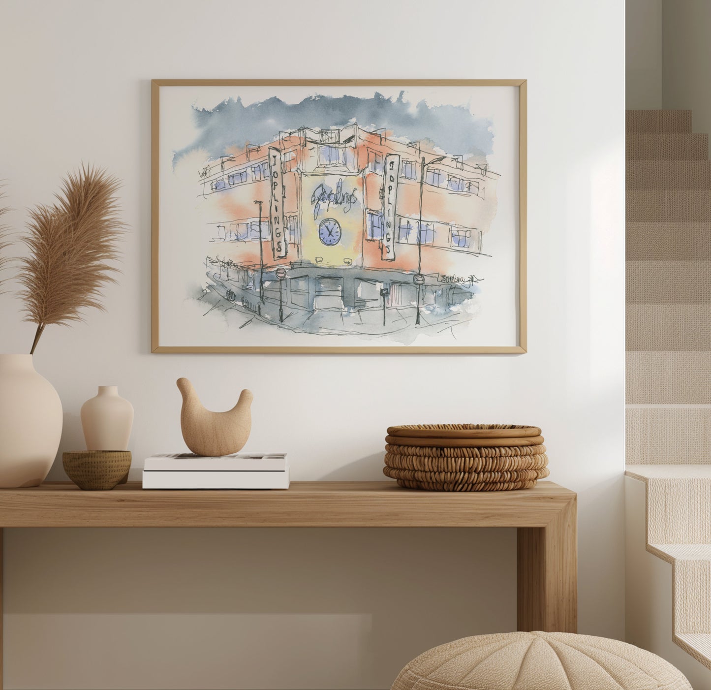 Watercolour painting of Joplings department store in Sunderland shown framed on a wall