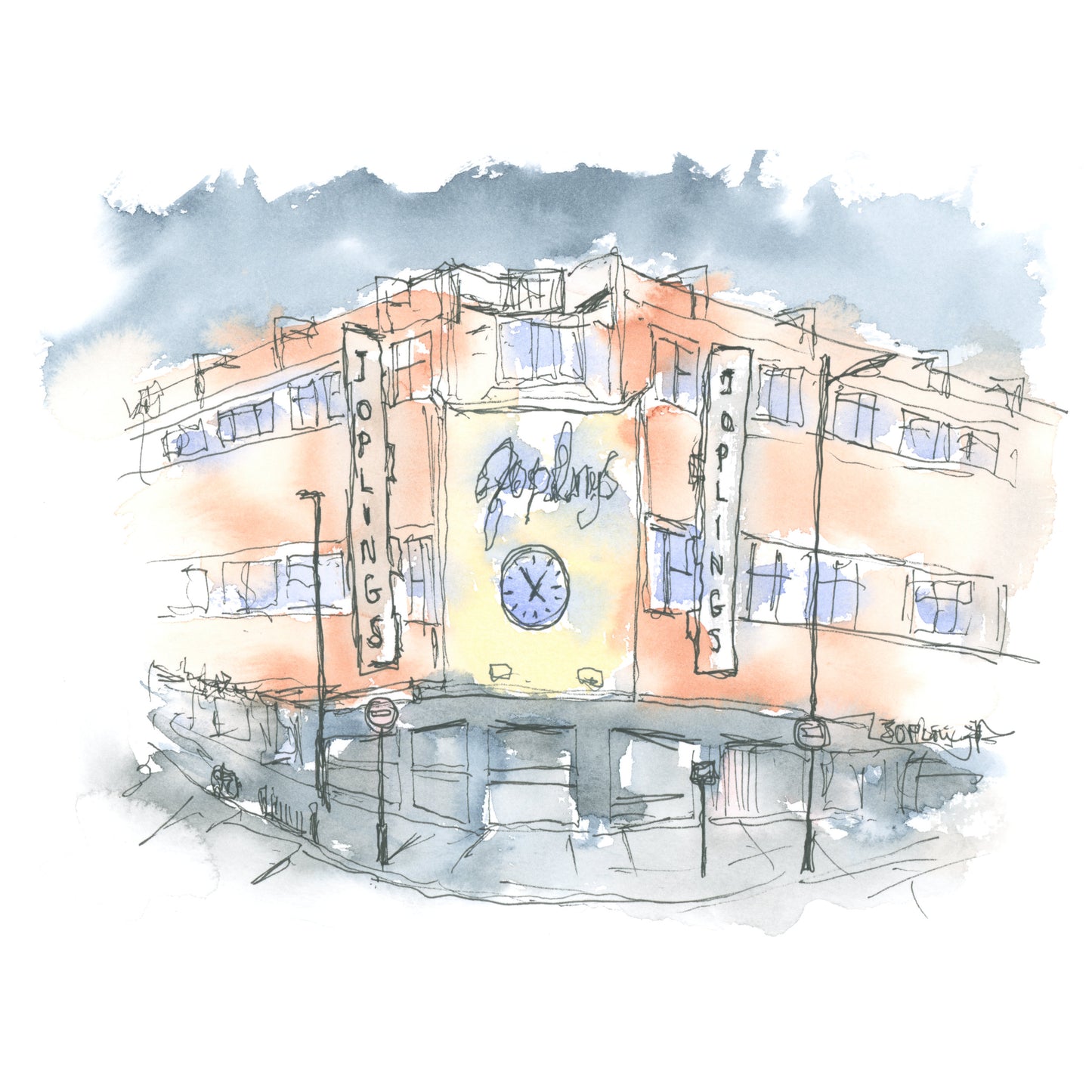 Watercolour painting of Joplings department store in Sunderland city centre by Stephen Darling