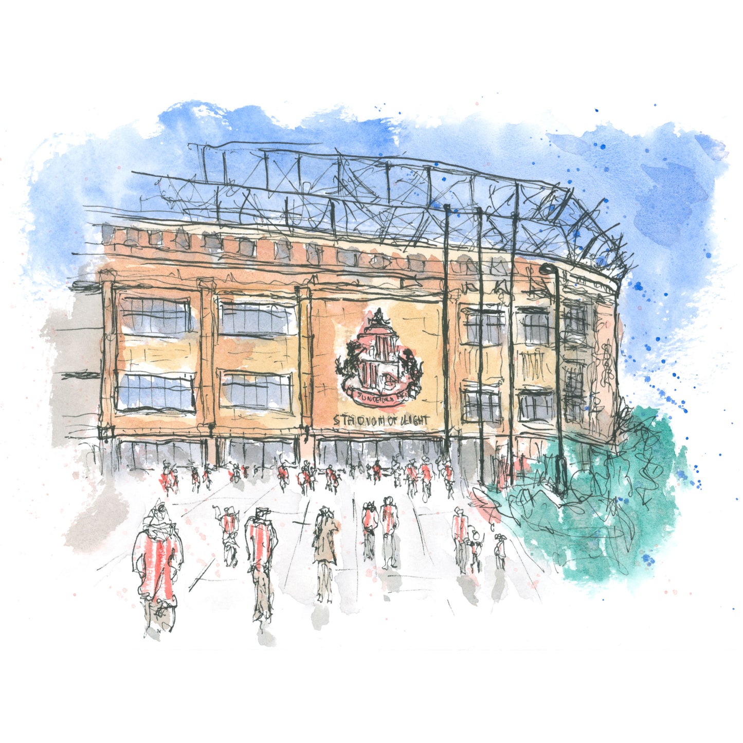 Loose line and wash painting of the Stadium of Light, Sunderland, showing the iconic riverside football stadium against the Wearside sky, by Stephen Darling Art
