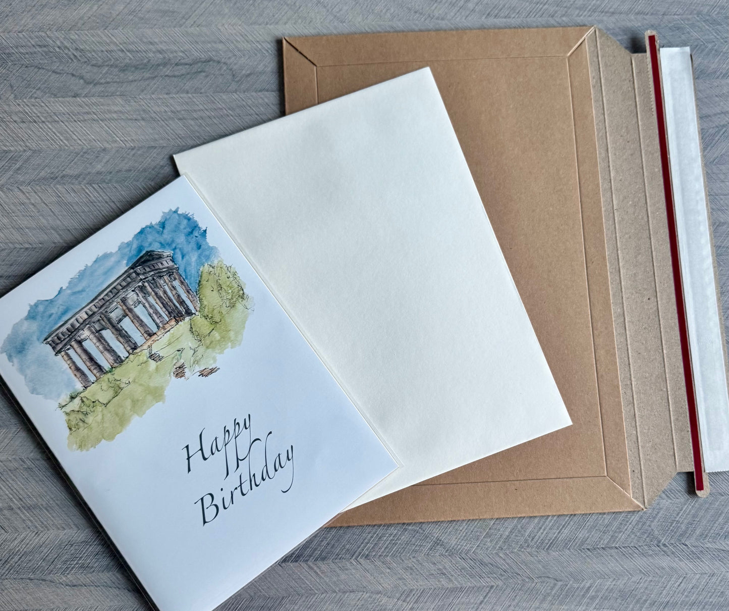 Stephen Darling Art Happy Birthday Penshaw Monument greeting card with envelope and protective packaging