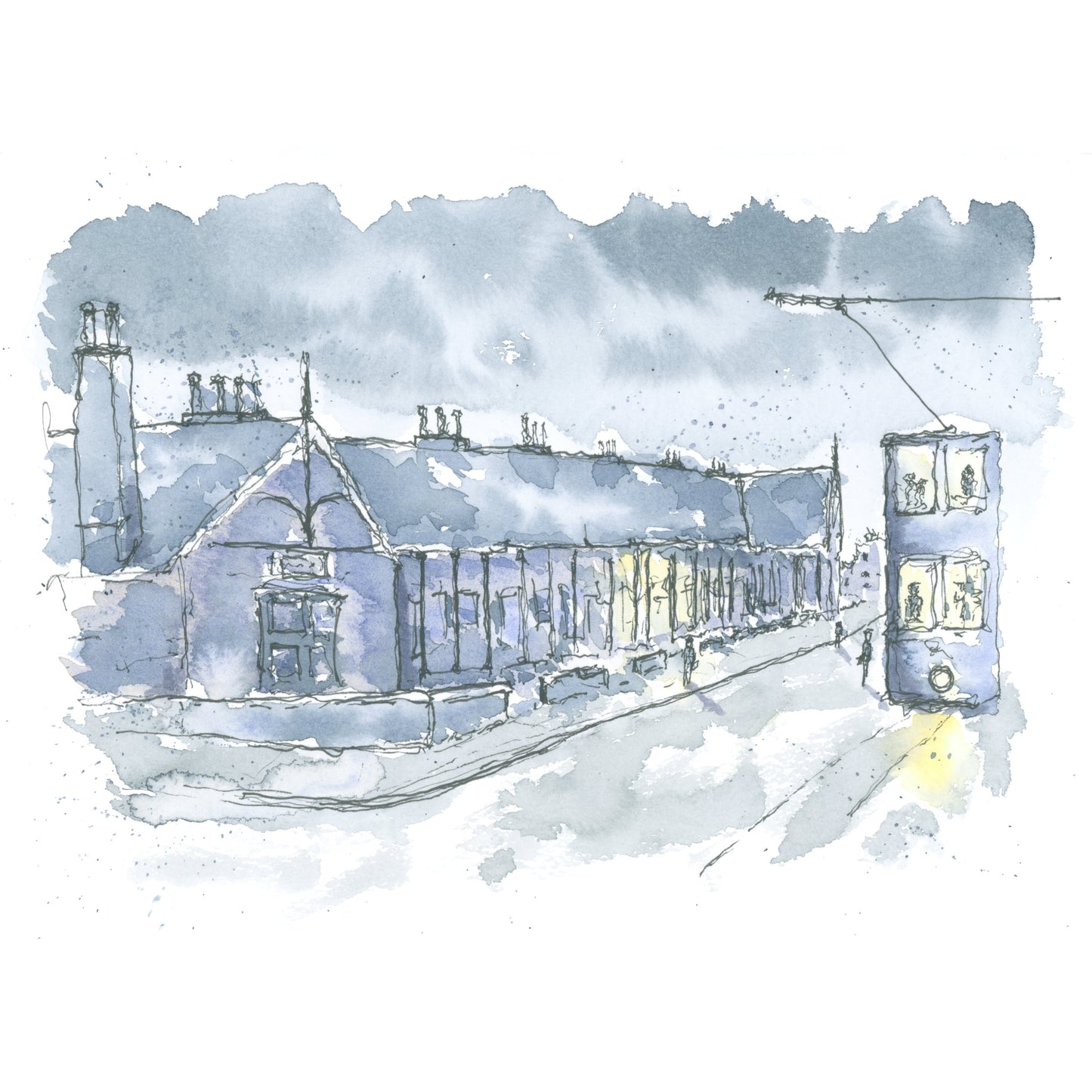 Watercolour painting of the Aged Miners' bungalows in Herrington, Houghton-le-Spring, moonlit night scene with tram by Stephen Darling