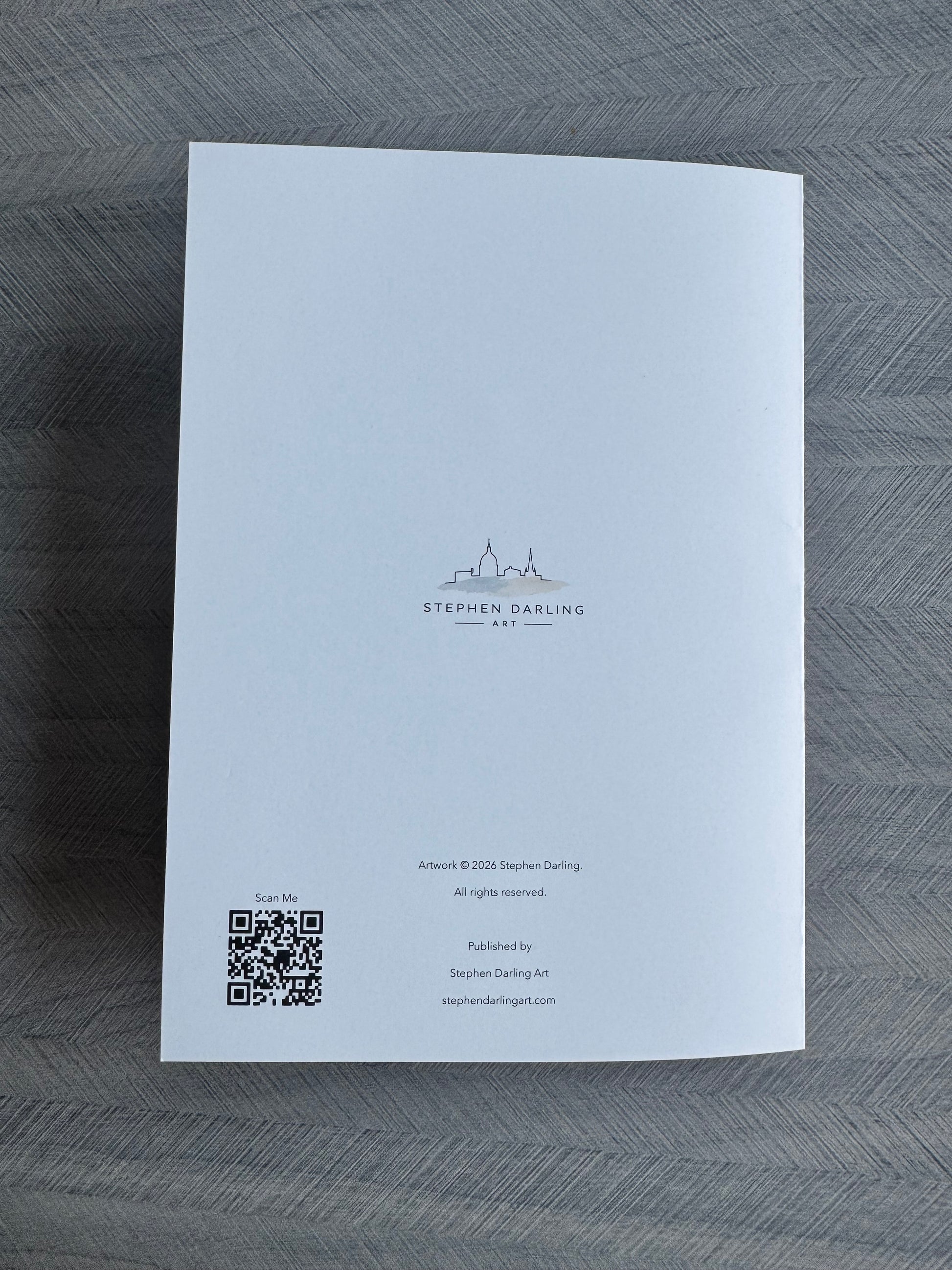 Back of Stephen Darling Art greeting card showing logo, QR code and copyright details