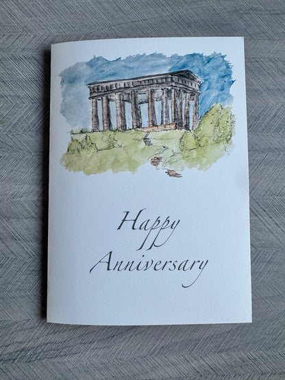 Happy Anniversary greeting card featuring Penshaw Monument watercolour painting by Stephen Darling Art