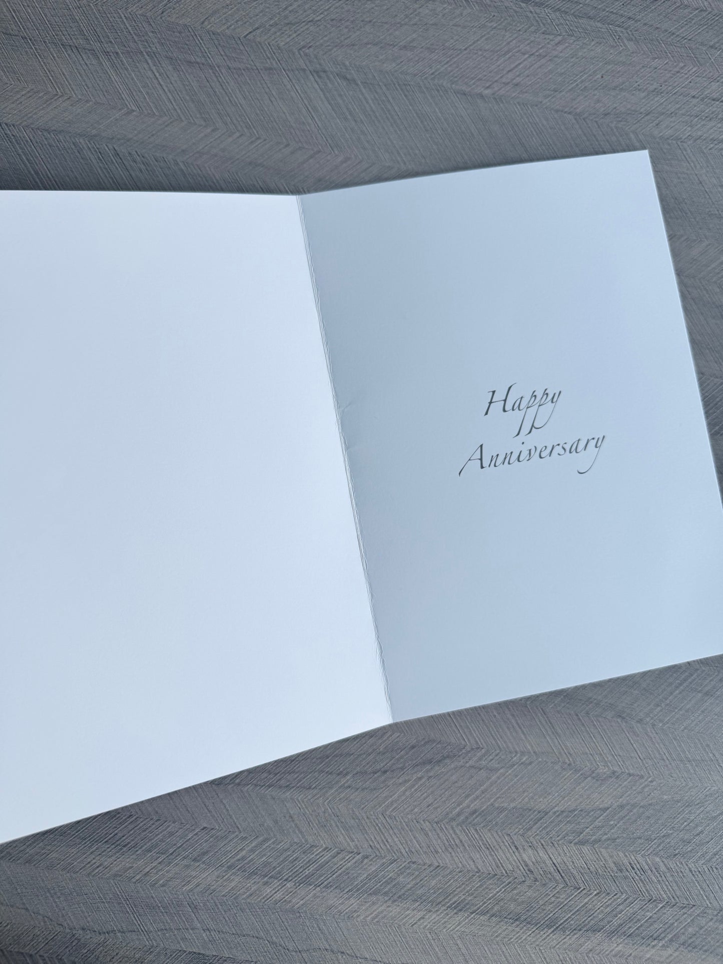 Inside of Stephen Darling Art Happy Anniversary greeting card — blank inside with printed greeting
