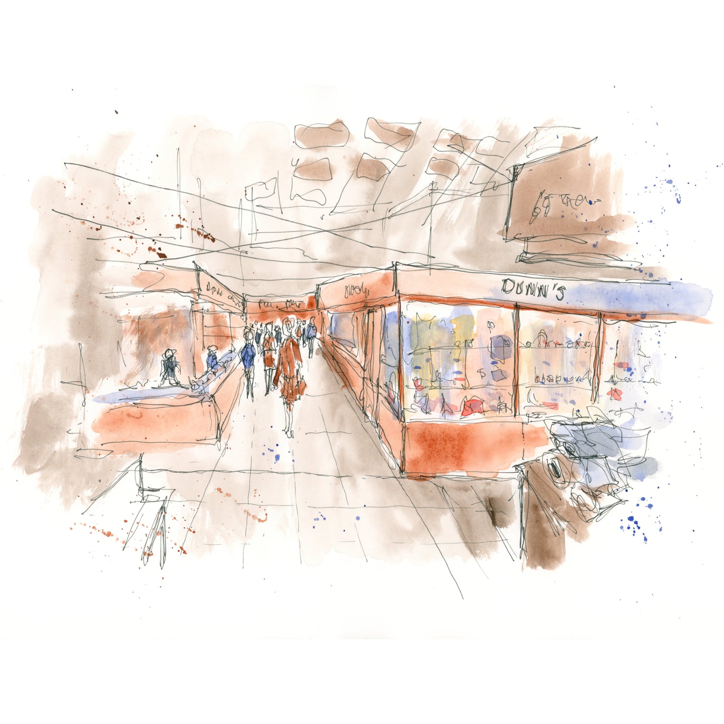 Loose line and wash watercolour of Jackie White's Market in Sunderland town centre, capturing the bustling stalls and lively atmosphere of a traditional northern market, by Stephen Darling Art