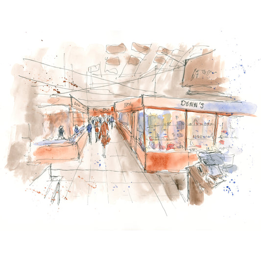Loose line and wash watercolour of Jackie White's Market in Sunderland town centre, capturing the bustling stalls and lively atmosphere of a traditional northern market, by Stephen Darling Art
