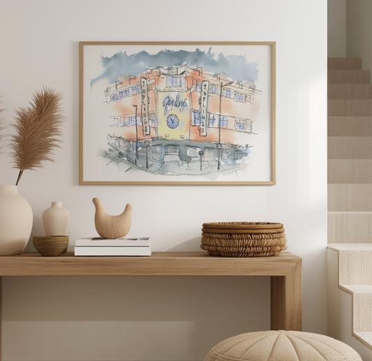 Watercolour painting of Joplings department store in Sunderland shown framed on a wall