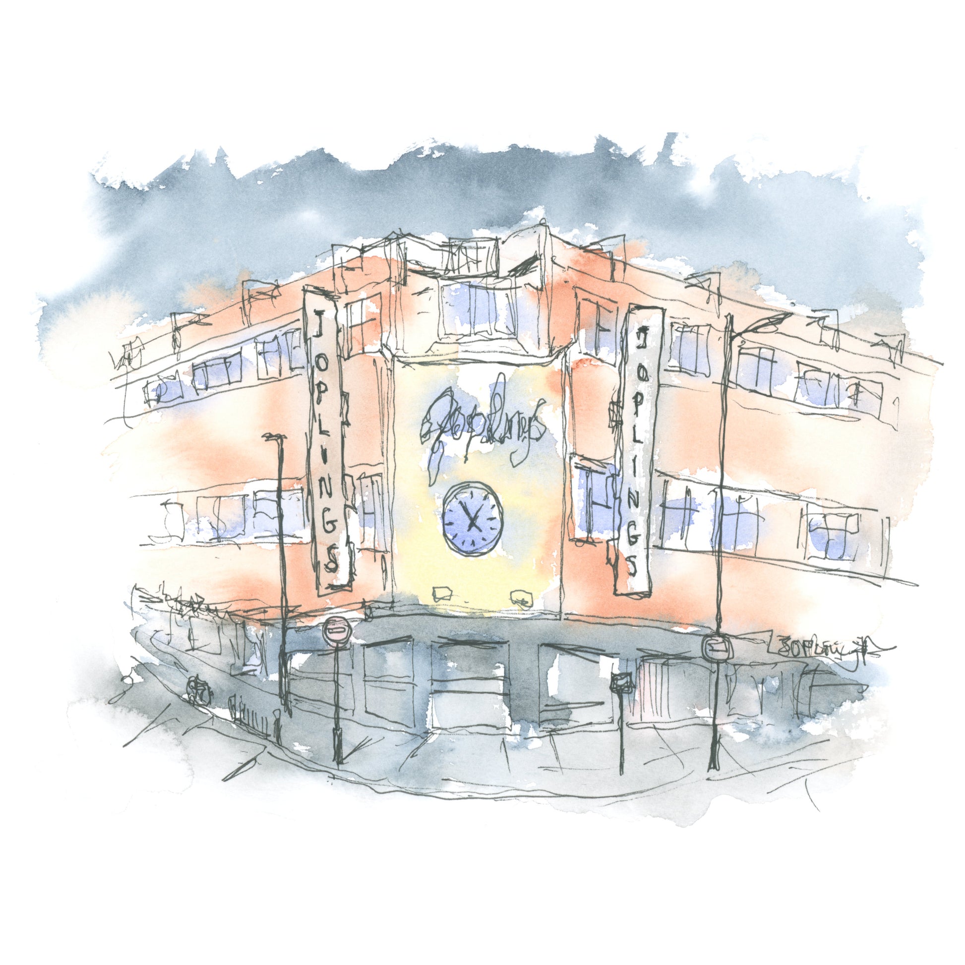 Watercolour painting of Joplings department store in Sunderland city centre by Stephen Darling