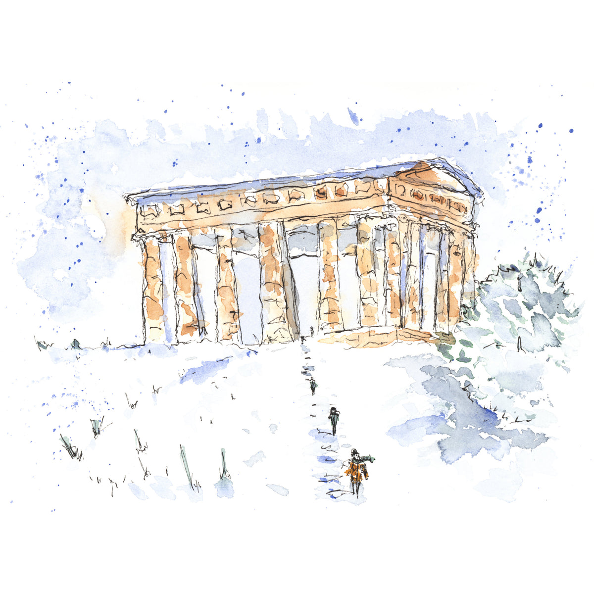 Penshaw Monument in winter, watercolour painting in loose line and wash style, snow covering the hillside with children walking up toward the monument against a cold winter sky