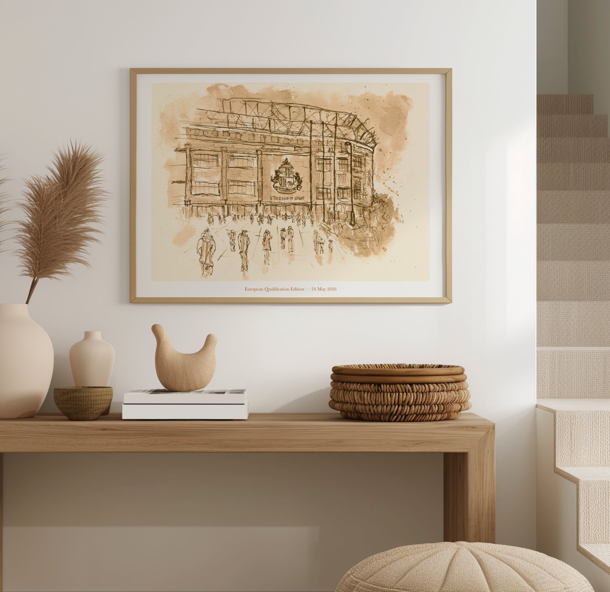 Sepia limited edition fine art print of the Stadium of Light, Sunderland, by Stephen Darling, shown framed — European Qualification Edition, 24 May 2026. Edition of 25, individually numbered and signed, A4, with Certificate of Authenticity.