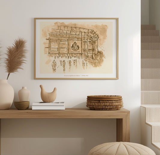 Sepia limited edition fine art print of the Stadium of Light, Sunderland, by Stephen Darling, shown framed — European Qualification Edition, 24 May 2026. Edition of 25, individually numbered and signed, A4, with Certificate of Authenticity.