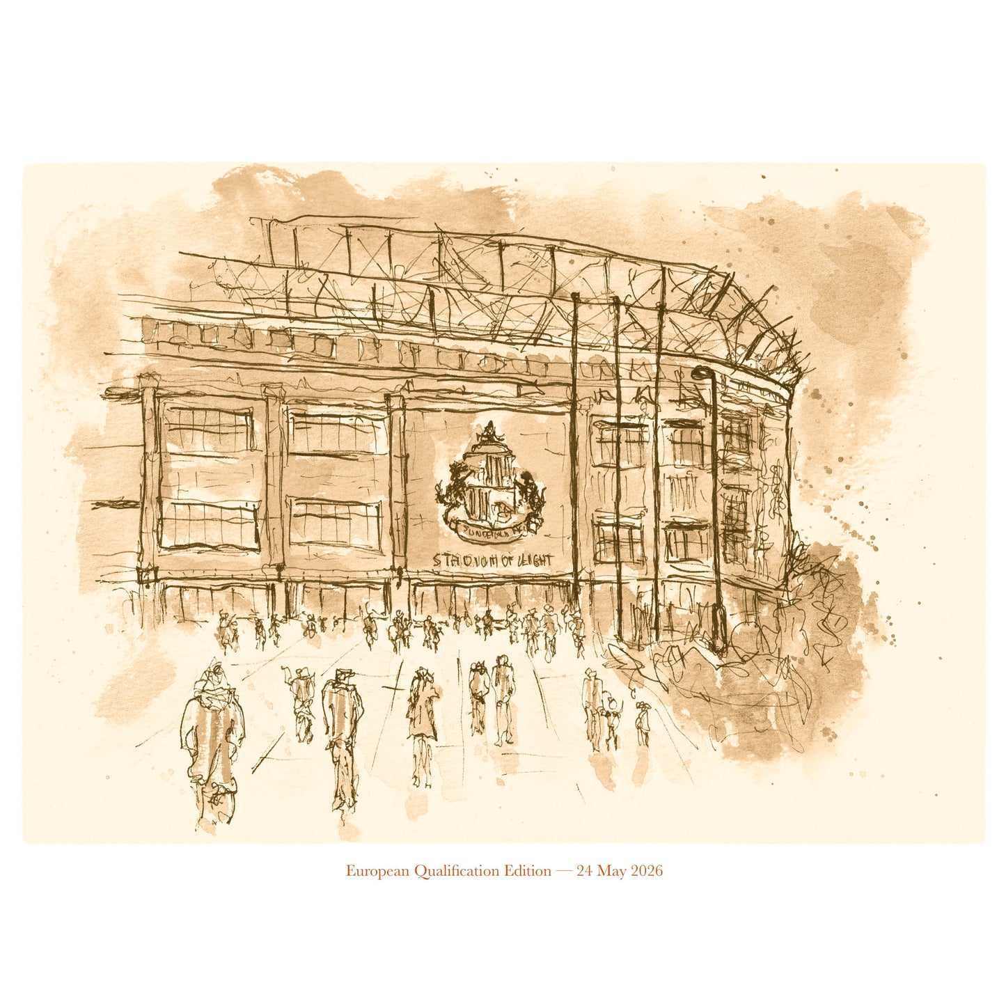 Sepia limited edition fine art print of the Stadium of Light, Sunderland, by Stephen Darling — European Qualification Edition, 24 May 2026. Edition of 25, individually numbered and signed, A4, with Certificate of Authenticity.