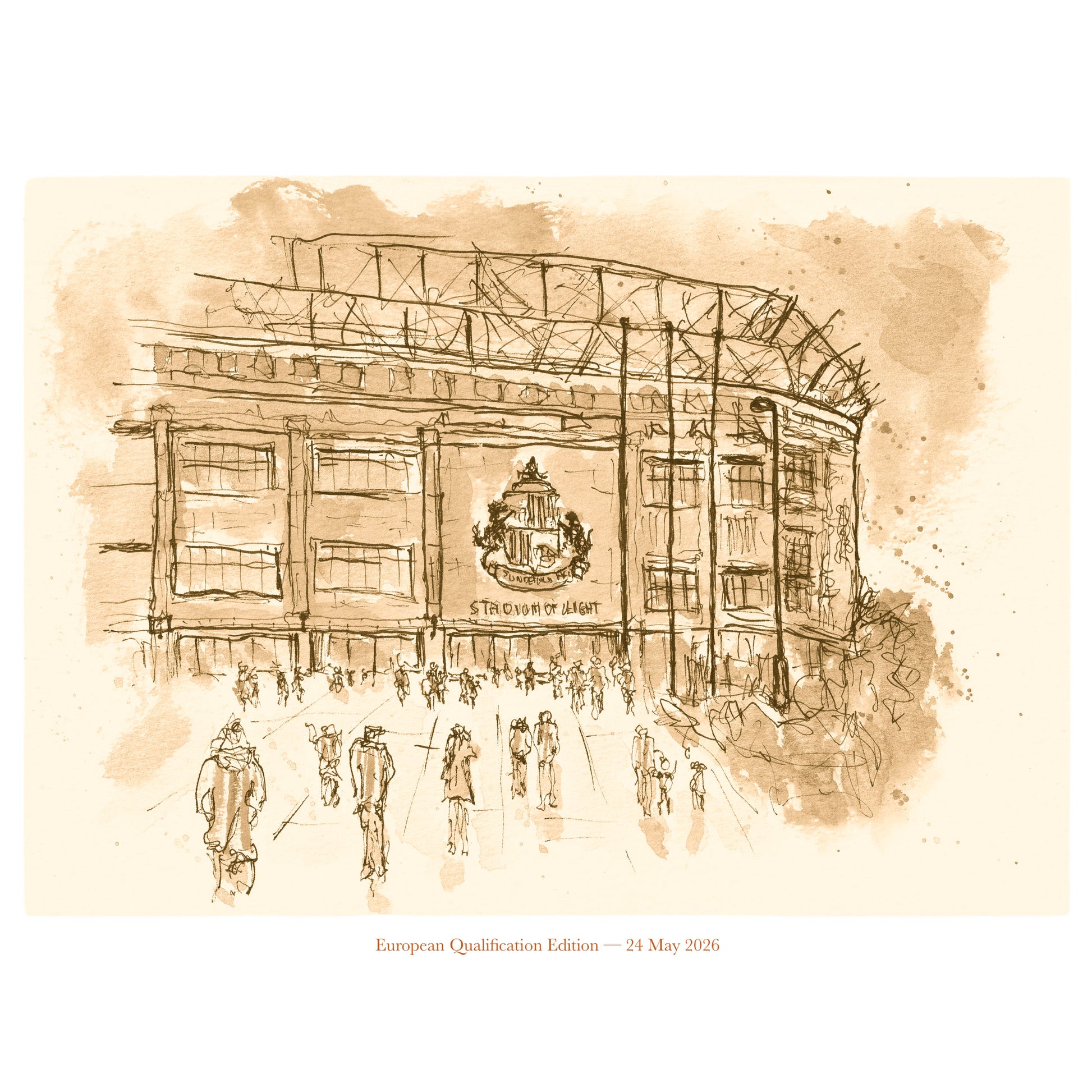 Sepia limited edition fine art print of the Stadium of Light, Sunderland, by Stephen Darling — European Qualification Edition, 24 May 2026. Edition of 25, individually numbered and signed, A4, with Certificate of Authenticity.