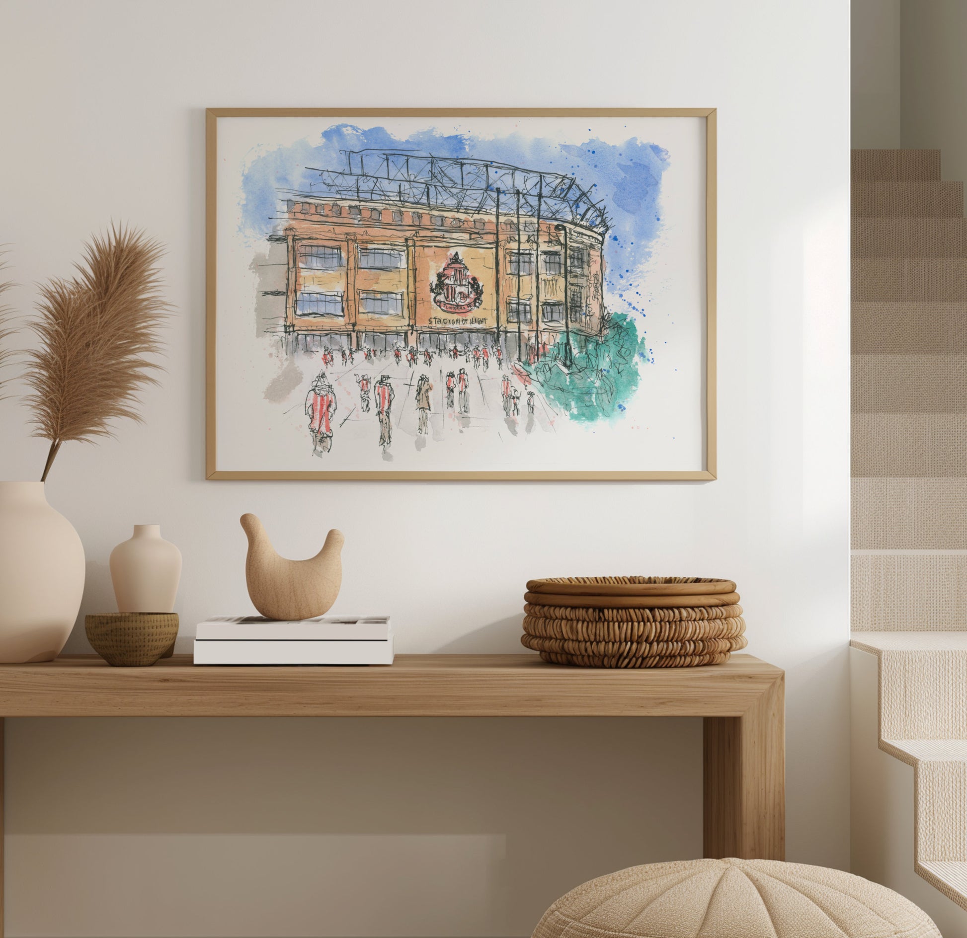 Loose line and wash painting of the Stadium of Light, Sunderland, showing the iconic riverside football stadium against the Wearside sky, by Stephen Darling Art