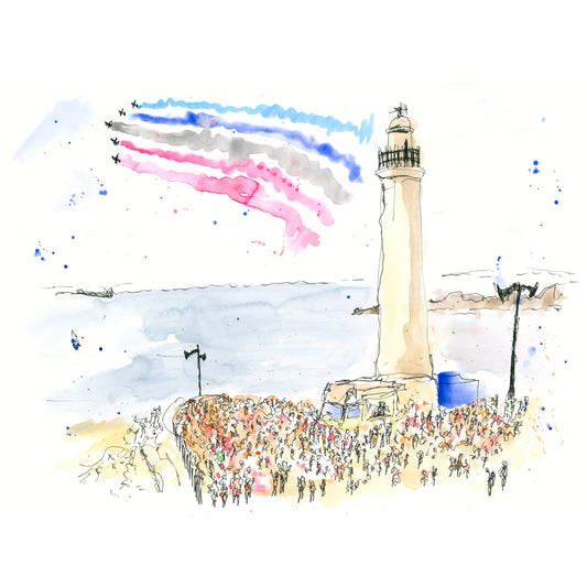 Loose line and wash watercolour of the Sunderland International Airshow, featuring the Red Arrows in formation above a busy seafront crowd, by Stephen Darling Art