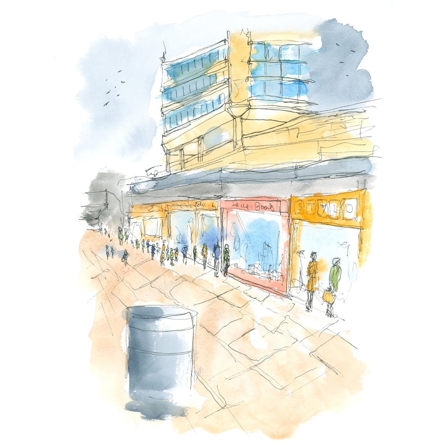 A3 portrait watercolour painting of Sunderland town centre in the 1990s, showing a busy Saturday high street with tower blocks rising in the background, painted in a loose line and wash style