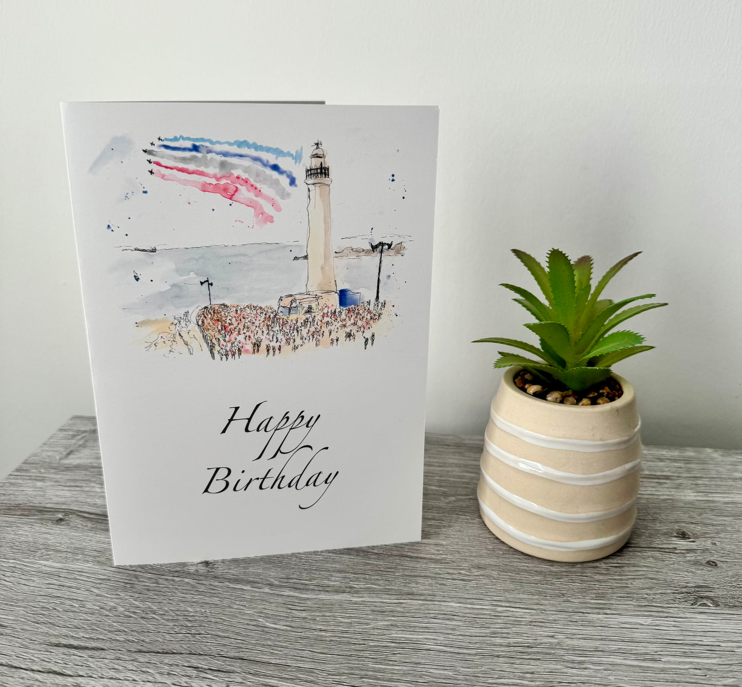 Happy Birthday greeting card featuring Sunderland Air Show Red Arrows watercolour painting by Stephen Darling Art