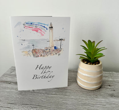 Happy Birthday greeting card featuring Sunderland Air Show Red Arrows watercolour painting by Stephen Darling Art